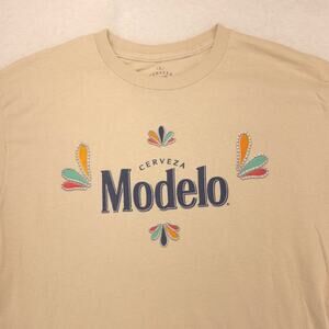 Modelo Short Sleeve Crew Neck Graphic T Shirt Mens Size Large L Tan